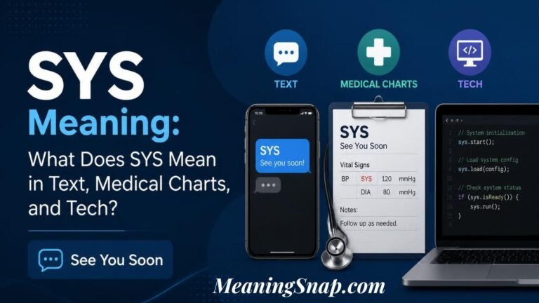 Graphic explaining SYS meaning across text messaging, medical charts, and tech code, featuring a smartphone, clipboard with stethoscope, and laptop displaying programming code.