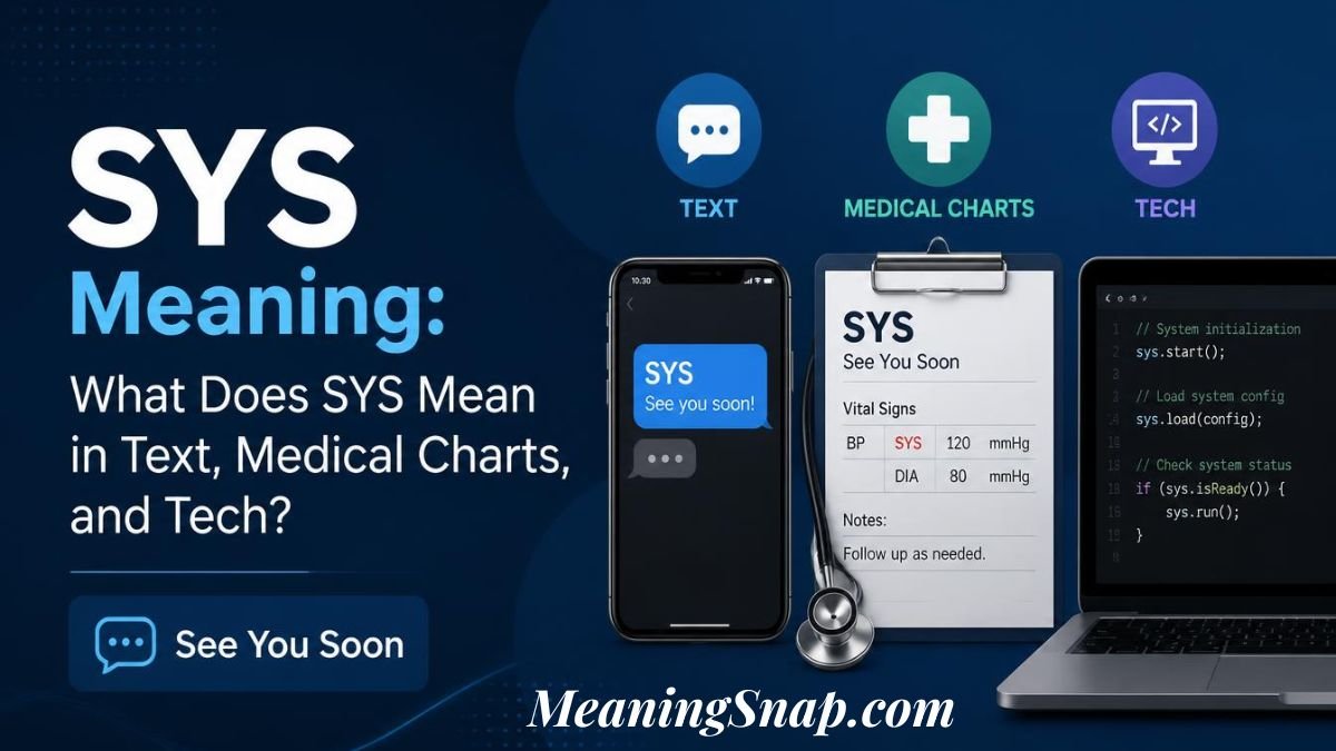 Graphic explaining SYS meaning across text messaging, medical charts, and tech code, featuring a smartphone, clipboard with stethoscope, and laptop displaying programming code.