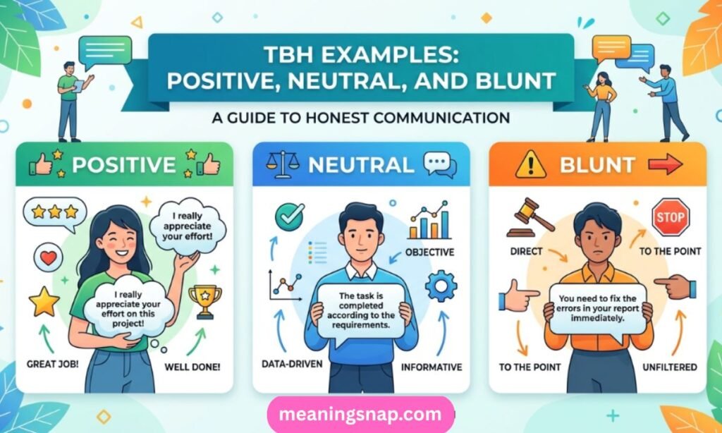 Three-column infographic showing positive, neutral, and blunt TBH examples under title TBH EXAMPLES: POSITIVE, NEUTRAL, AND BLUNT.