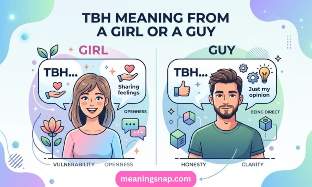 Split-panel graphic comparing TBH meaning from a girl (sharing feelings) versus a guy (being direct) under title TBH MEANING FROM A GIRL OR A GUY.