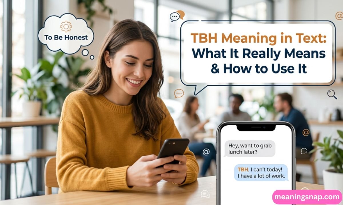 Smiling woman texting on smartphone next to headline TBH Meaning in Text: What It Really Means & How to Use It.