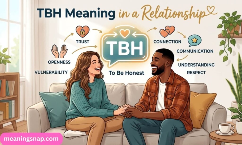 Couple holding hands on couch with diagram showing TBH meaning in a relationship connecting trust, openness, and communication.