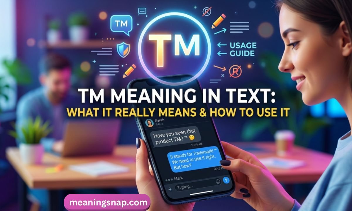 Woman holding a smartphone with an iMessage discussion about trademark symbols under title TM MEANING IN TEXT: WHAT IT REALLY MEANS & HOW TO USE IT.