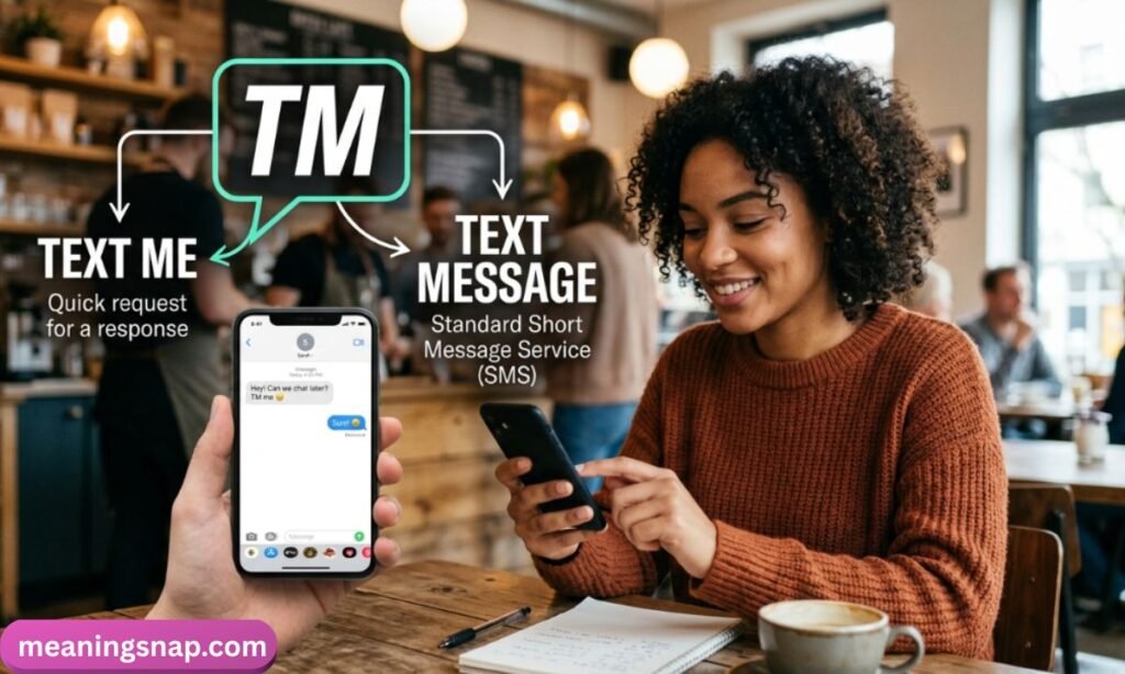 Woman smiling while texting at a cafe table next to a smartphone screen illustrating TM slang meanings Text Me and Text Message.