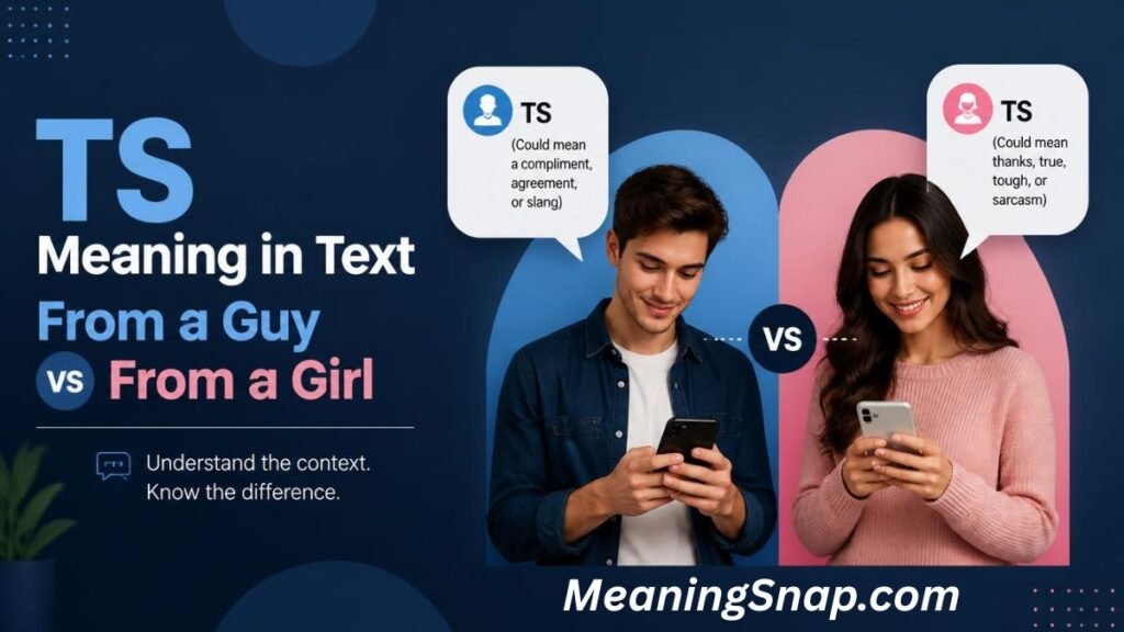 Graphic comparing TS meaning in text from a guy vs. from a girl with a man and woman texting on smartphones.