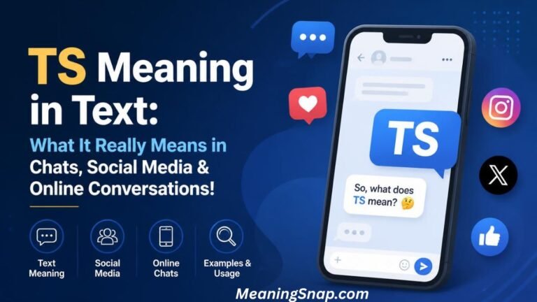 Graphic explaining TS meaning in text with a smartphone displaying a chat prompt and social media logos on a dark blue background.