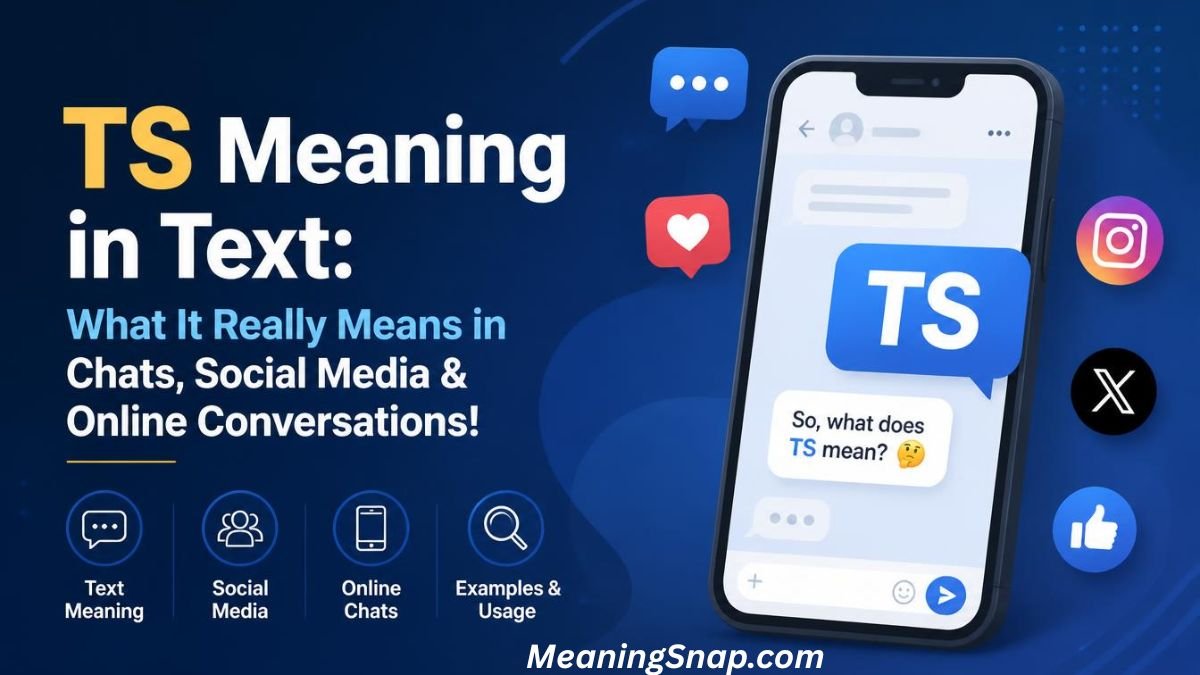 Graphic explaining TS meaning in text with a smartphone displaying a chat prompt and social media logos on a dark blue background.