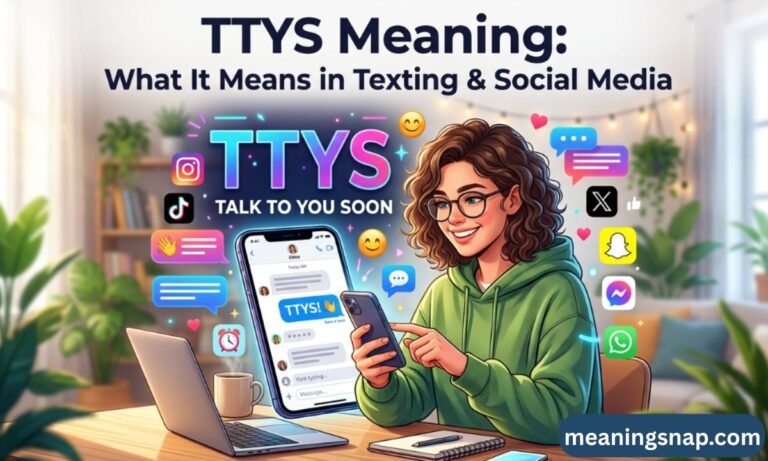 Smiling woman texting TTYS on her smartphone surrounded by social media icons under title TTYS Meaning: What It Means in Texting & Social Media.