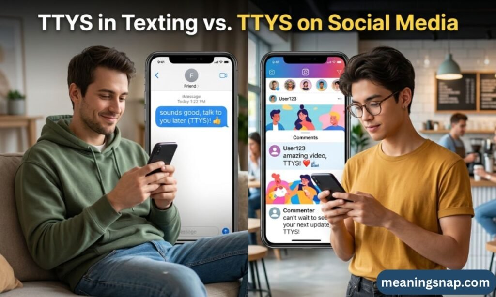 Side-by-side comparison of a young man texting TTYS on SMS vs a young man leaving a TTYS social media comment under title TTYS in Texting vs. TTYS on Social Media.
