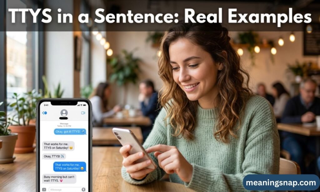 Woman in a cafe using her smartphone with a chat overlay showing real sentence examples of TTYS under title TTYS in a Sentence: Real Examples.