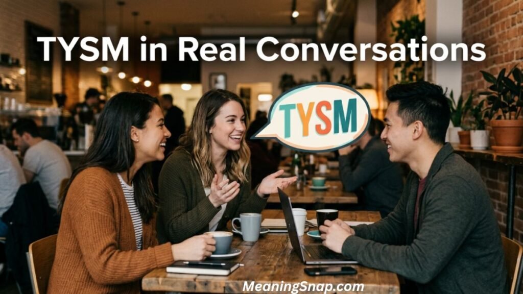 Three friends sitting together at a coffee shop table with laptops next to a speech bubble displaying TYSM under headline TYSM in Real Conversations.