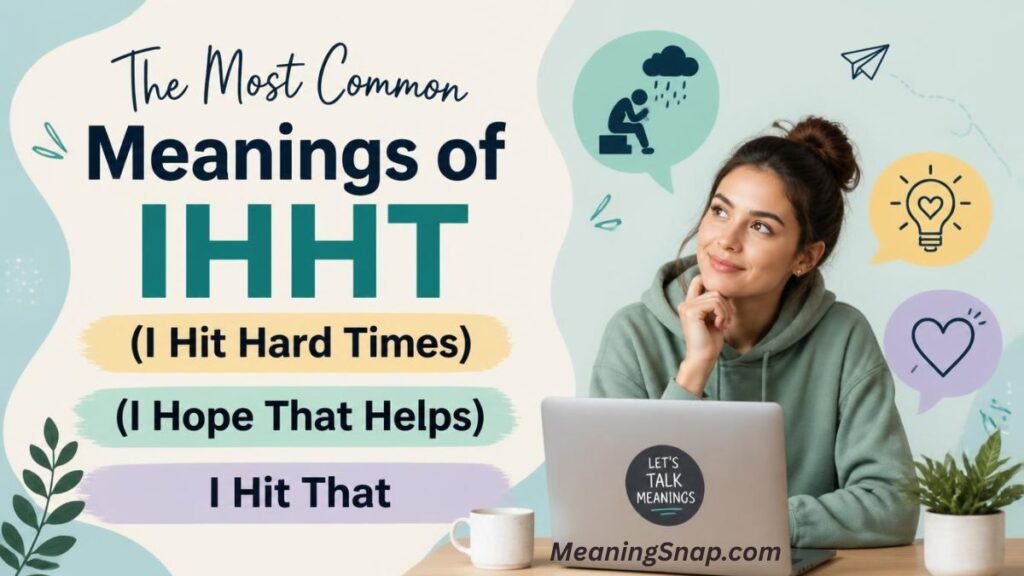 Woman sitting at a laptop looking up thoughtfully next to three badges defining IHHT under title The Most Common Meanings of IHHT.