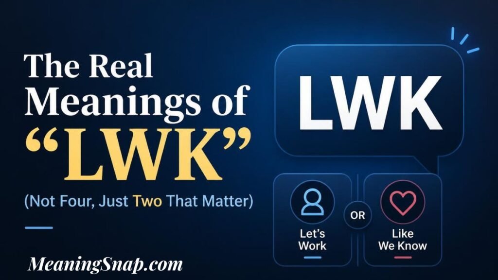 Graphic titled "The Real Meanings of 'LWK' (Not Four, Just Two That Matter)" featuring a blue speech bubble with "LWK" above options for "Let's Work" or "Like We Know".