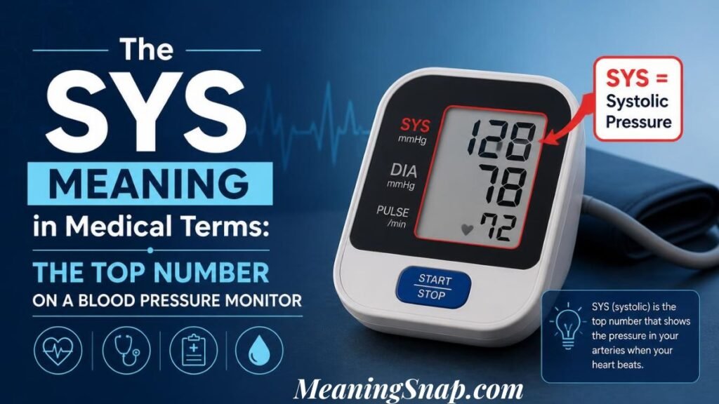 A digital blood pressure monitor displaying a systolic reading of 128 mmHg, with text explaining "The SYS Meaning in Medical Terms: The Top Number on a Blood Pressure Monitor."