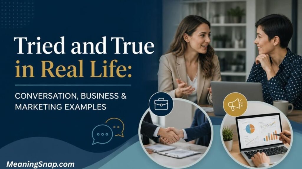 Two women discussing business over a laptop next to circular photos of a handshake and data charts under headline Tried and True in Real Life.