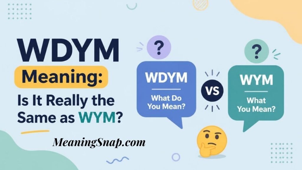 Infographic explaining WDYM meaning vs WYM, showing text slang definitions in chat bubbles with a thinking emoji.