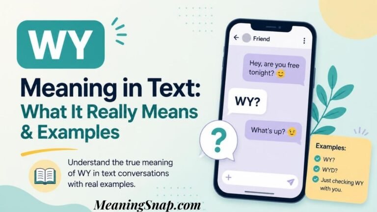 Infographic explaining WY meaning in text with a smartphone showing a text conversation and example usage notes.
