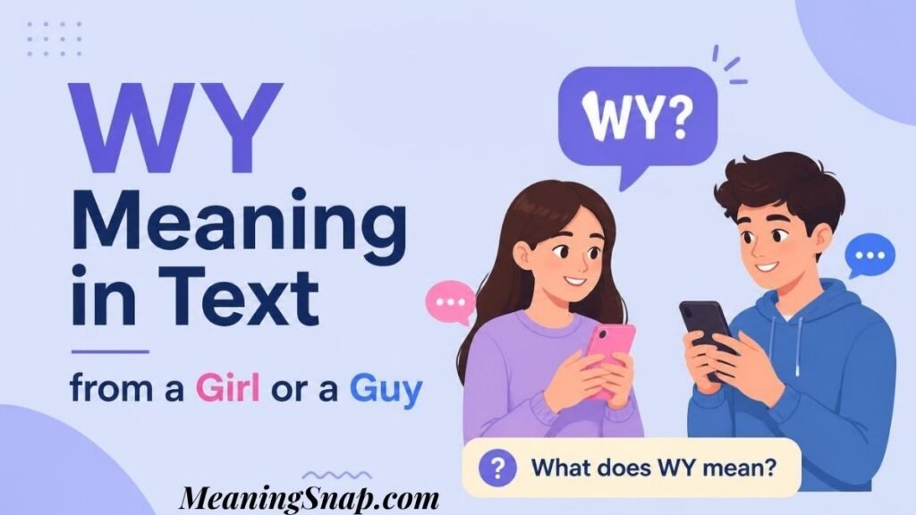 Infographic analyzing WY meaning in text from a girl or a guy, featuring cartoon male and female characters holding smartphones.