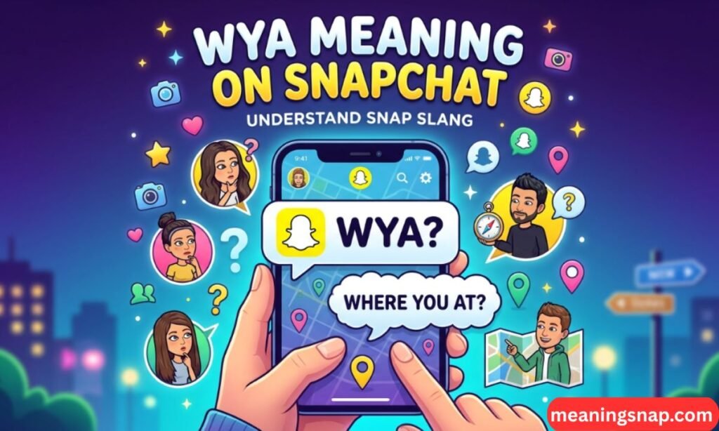 Hands holding smartphone displaying Snap Map with WYA message translation under title WYA MEANING ON SNAPCHAT.