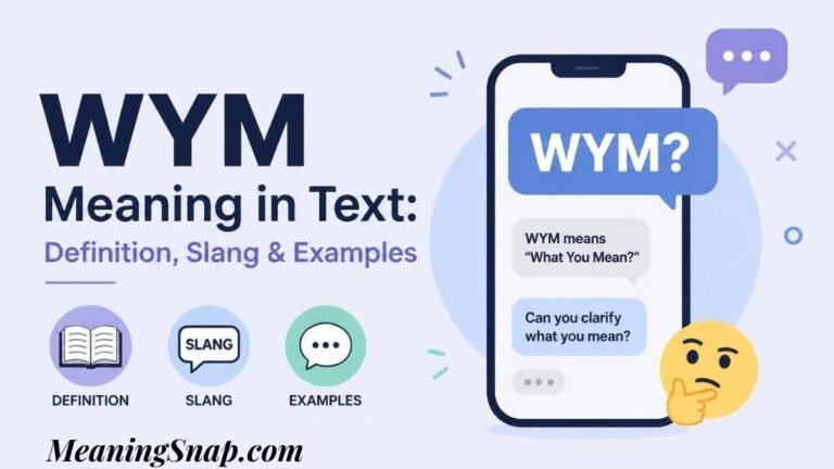 Graphic explaining the wym meaning in text titled "WYM Meaning in Text: Definition, Slang & Examples", showing a smartphone displaying a chat exchange explaining "WYM?".