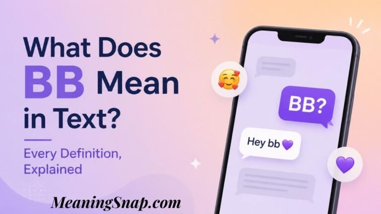 Graphic titled "What Does BB Mean in Text? Every Definition, Explained" featuring a smartphone showing speech bubbles with "BB?" and "Hey bb 💜".