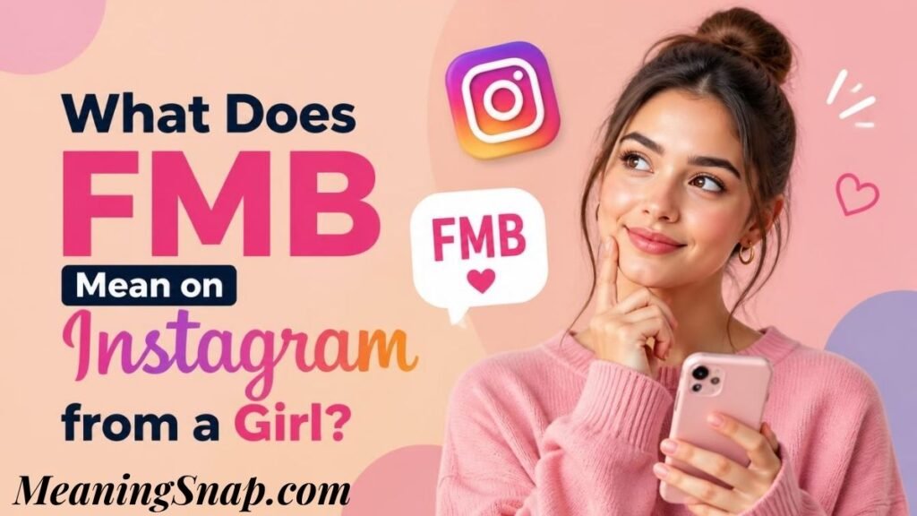 Infographic explaining FMB meaning on Instagram from a girl, featuring a smiling woman holding a smartphone next to an Instagram logo.