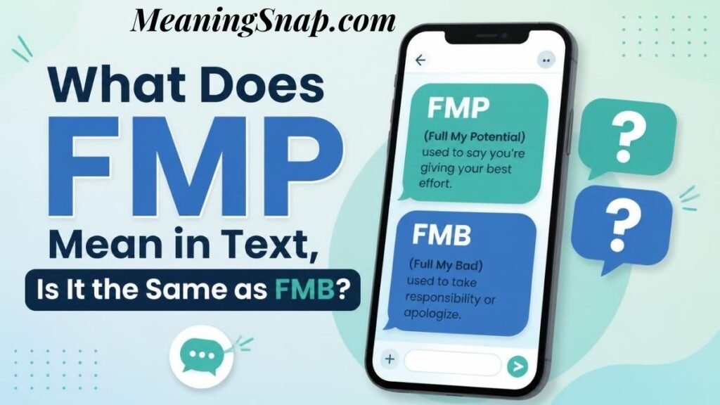 Infographic explaining FMP meaning in text and comparing FMP vs FMB on a smartphone screen showing chat bubbles with question marks.