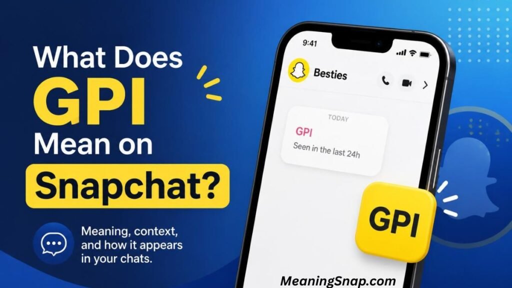 Smartphone screen displaying a Snapchat chat with GPI next to text asking "What Does GPI Mean on Snapchat?"