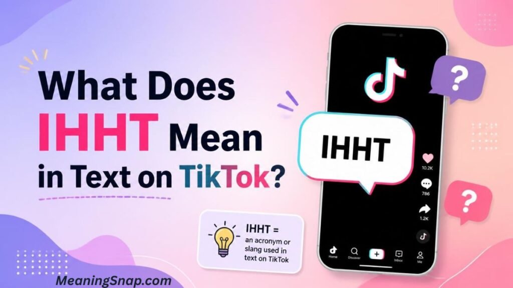 Smartphone showing a TikTok feed next to a speech bubble displaying IHHT under headline What Does IHHT Mean in Text on TikTok?