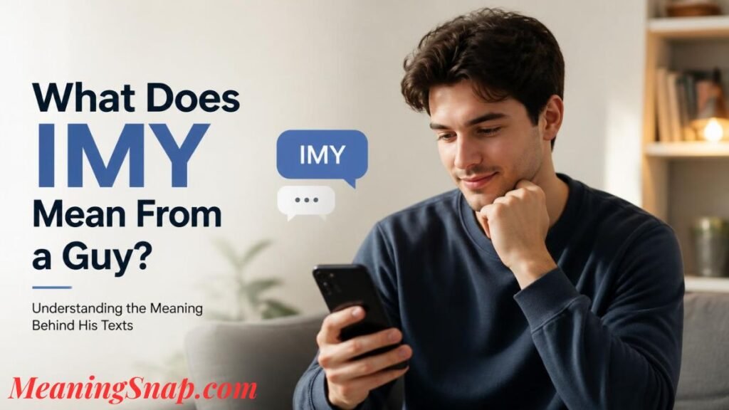 Graphic titled "What Does IMY Mean From a Guy?" showing a smiling young man looking at his smartphone next to a blue "IMY" speech bubble.