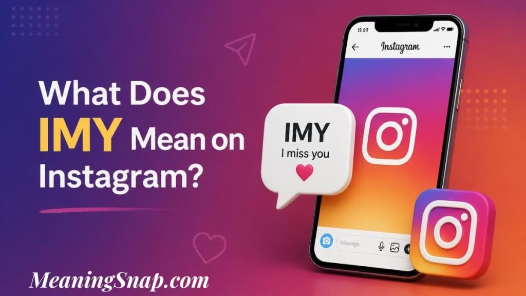 Graphic titled "What Does IMY Mean on Instagram?" showing a smartphone displaying an Instagram direct message interface with an "IMY I miss you" speech bubble and 3D Instagram logos.