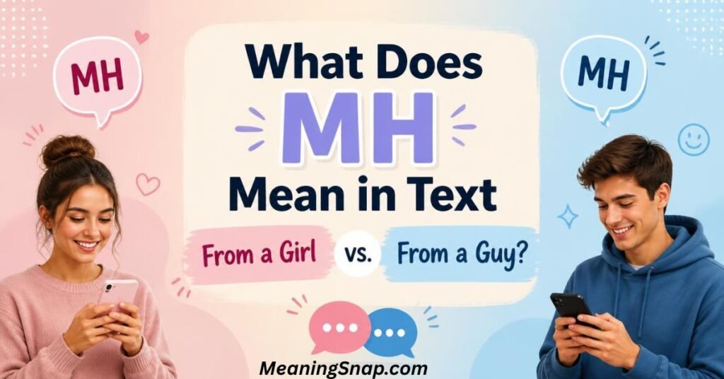 A woman and a man texting on smartphones flanking a central title badge that reads What Does MH Mean in Text From a Girl vs. From a Guy?