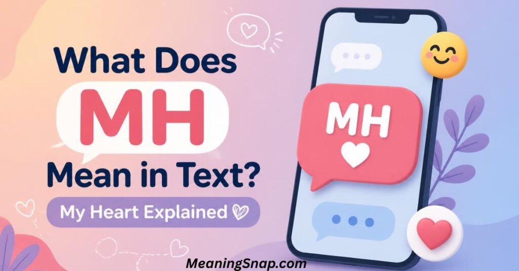 Smartphone screen with a pink 3D speech bubble displaying MH and a heart icon under title What Does MH Mean in Text? My Heart Explained.