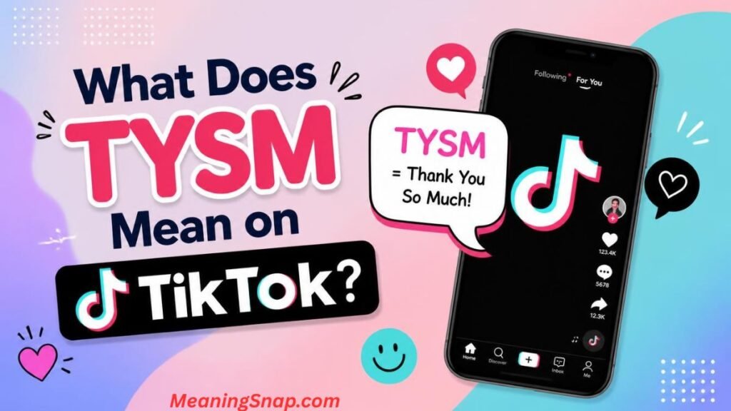Smartphone showing a TikTok feed next to a speech bubble defining TYSM under headline What Does TYSM Mean on TikTok?