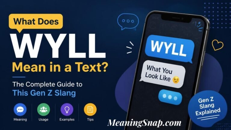 Graphic explaining "What Does WYLL Mean in a Text?" with a smartphone showing a blue speech bubble labeled "WYLL" and its definition "What You Look Like."