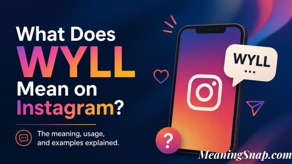 Graphic explaining "What Does WYLL Mean on Instagram?" featuring a smartphone screen with the Instagram logo and a WYLL speech bubble.