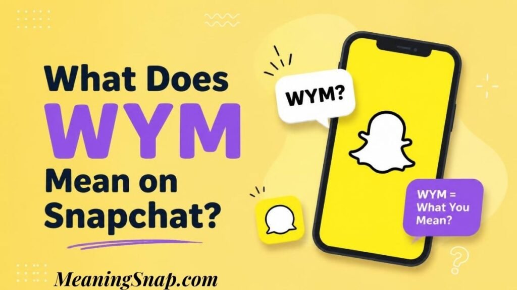 Graphic explaining what WYM means on Snapchat with a smartphone showing the Snapchat ghost logo and speech bubbles.