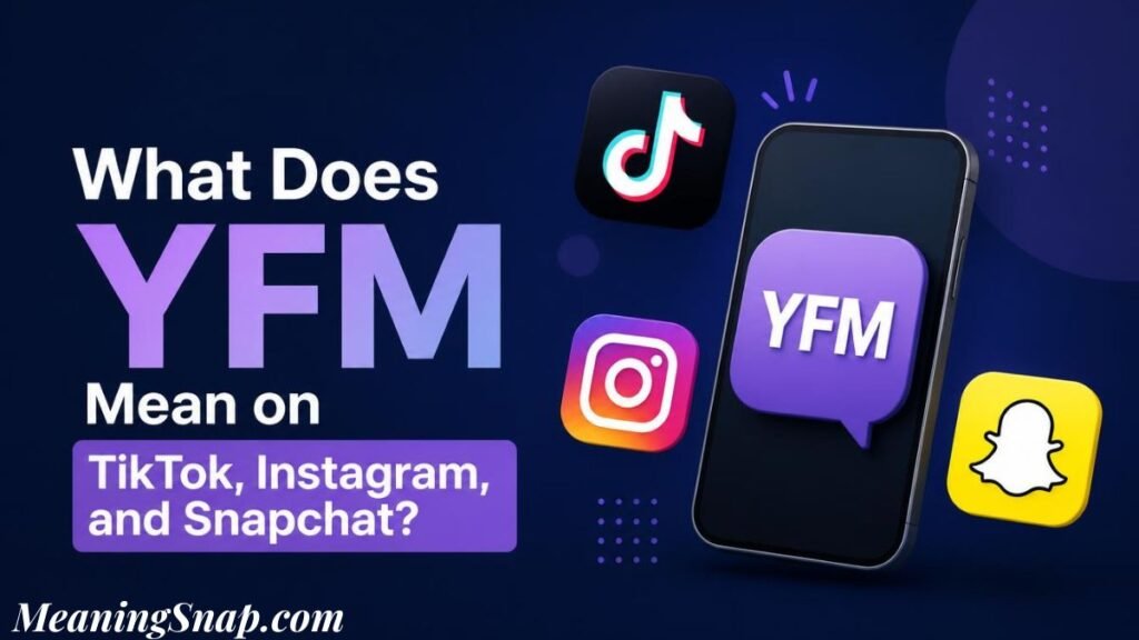 Graphic explaining the yfm meaning in text titled "What Does YFM Mean on TikTok, Instagram, and Snapchat?", showing a smartphone displaying a purple "YFM" speech bubble surrounded by social media icons.