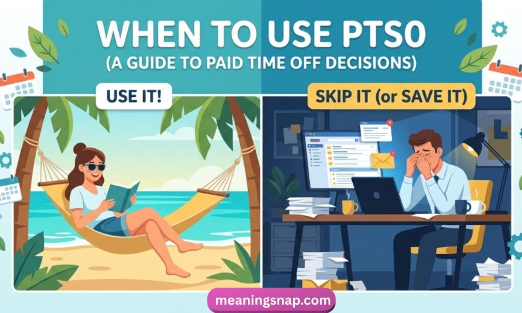 Split-screen vector illustration of vacation relaxing in a hammock versus working late at a desk under title WHEN TO USE PTSO (A GUIDE TO PAID TIME OFF DECISIONS).