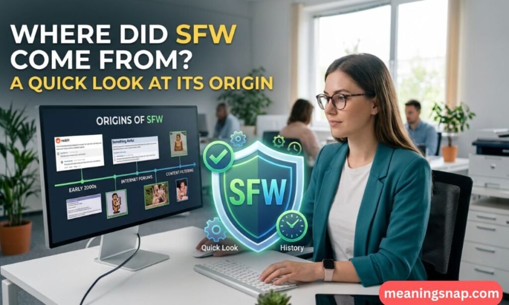 Woman in professional attire working on a computer displaying the origin timeline of SFW under title WHERE DID SFW COME FROM? A QUICK LOOK AT ITS ORIGIN.