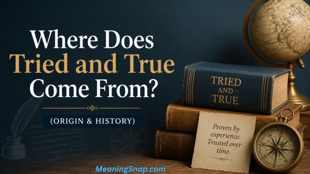 Vintage books, brass compass, and globe next to a note reading Proven by experience under headline Where Does Tried and True Come From?