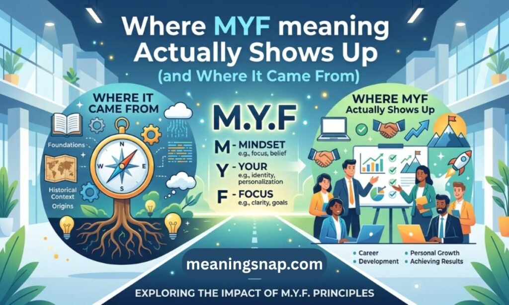 Illustrated infographic breaking down M.Y.F. principles (Mindset, Your, Focus) under title Where MYF meaning Actually Shows Up (and Where It Came From).
