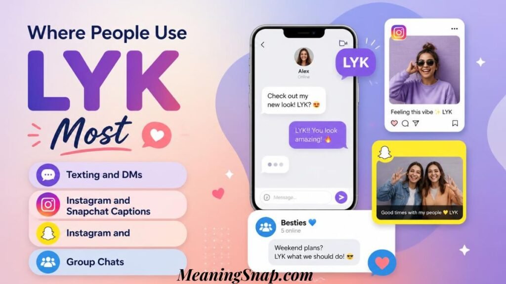 Graphic titled "Where People Use LYK Most" displaying a smartphone DM thread alongside mock Instagram and Snapchat post cards using LYK in captions.