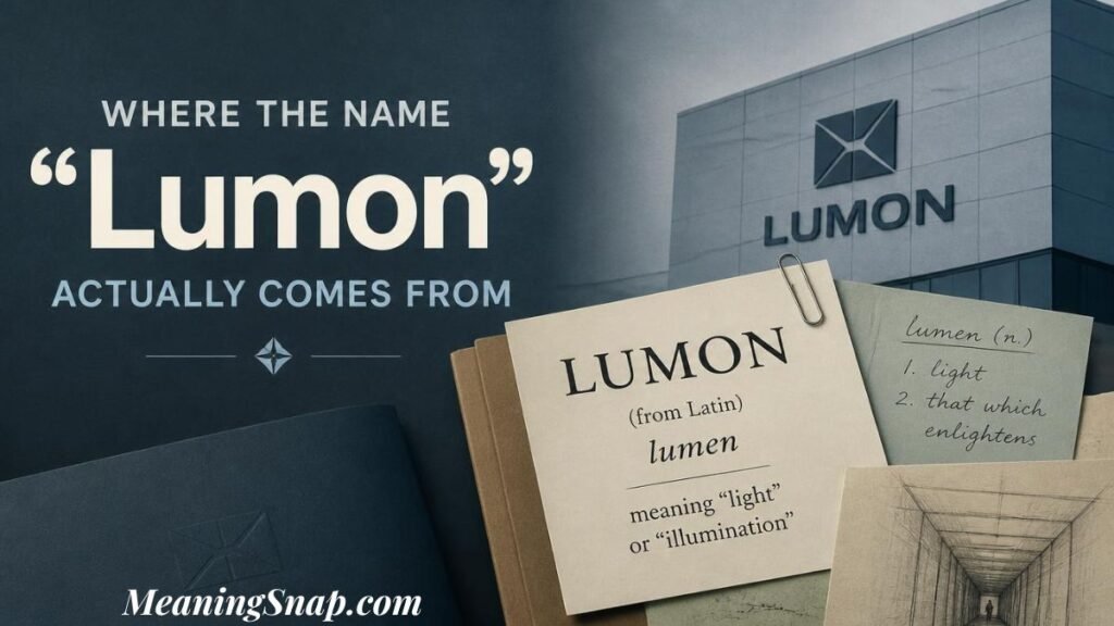 Graphic titled "Where the Name 'Lumon' Actually Comes From" showing etymology notes on paper alongside a corporate Lumon building and hallway sketch.