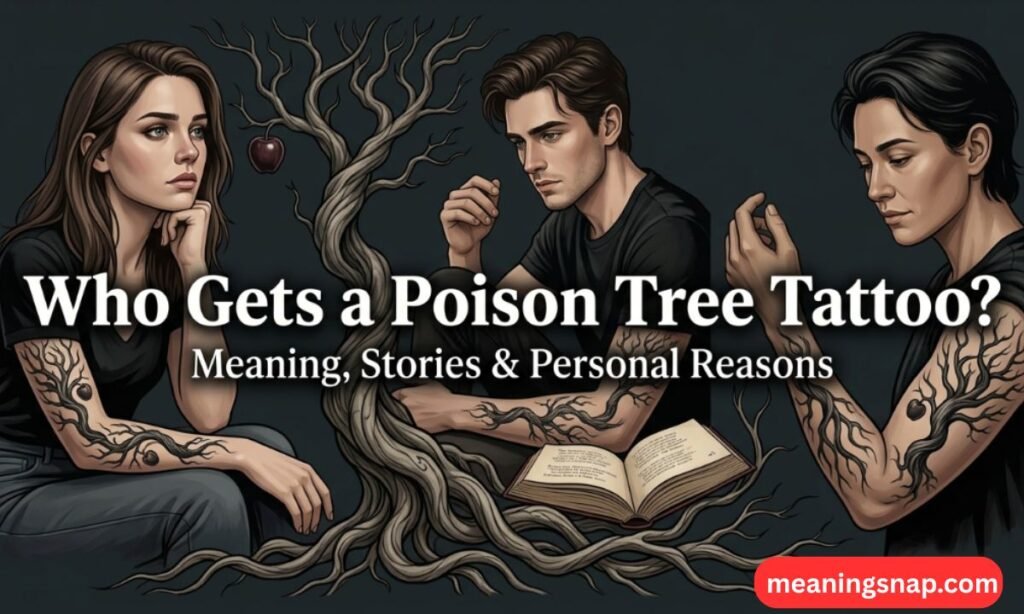 Three individuals displaying poison tree arm tattoos surrounding a twisted tree under heading Who Gets a Poison Tree Tattoo? Meaning, Stories & Personal Reasons.