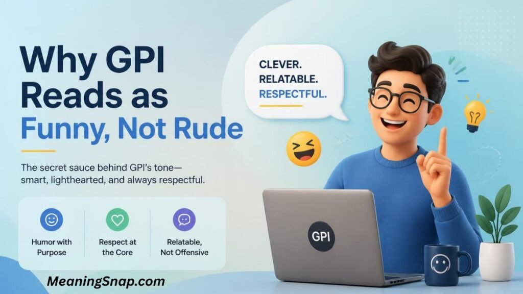 3D character with glasses at a laptop beside text reading "Why GPI Reads as Funny, Not Rude" and speech bubble.