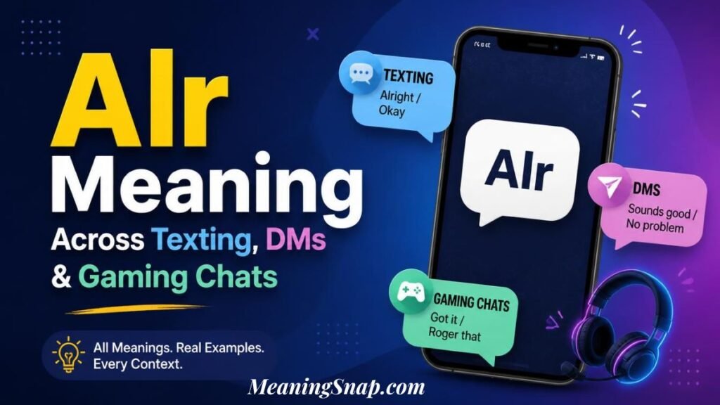 Infographic titled Alr Meaning Across Texting, DMs & Gaming Chats, showing a smartphone displaying a prominent "Alr" message alongside category bubbles for texting, social media DMs, and gaming chats, next to a illuminated gaming headset.