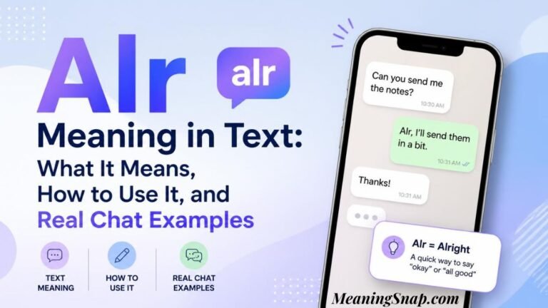 Infographic titled Alr Meaning in Text: What It Means, How to Use It, and Real Chat Examples, displaying a smartphone showing a messaging exchange with "Alr, I'll send them in a bit." alongside three circular feature icons.