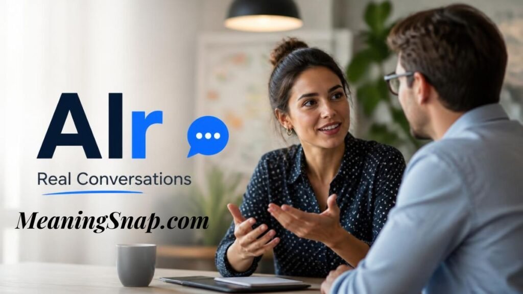 Infographic titled Alr Real Conversations, showing a man and a woman in a casual work conversation seated at a table with a laptop, notebook, and coffee mug.