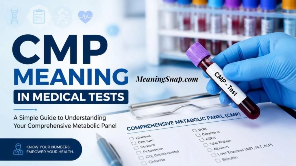 Gloved hand holding a blood test vial labeled CMP Test resting on Comprehensive Metabolic Panel lab results.   